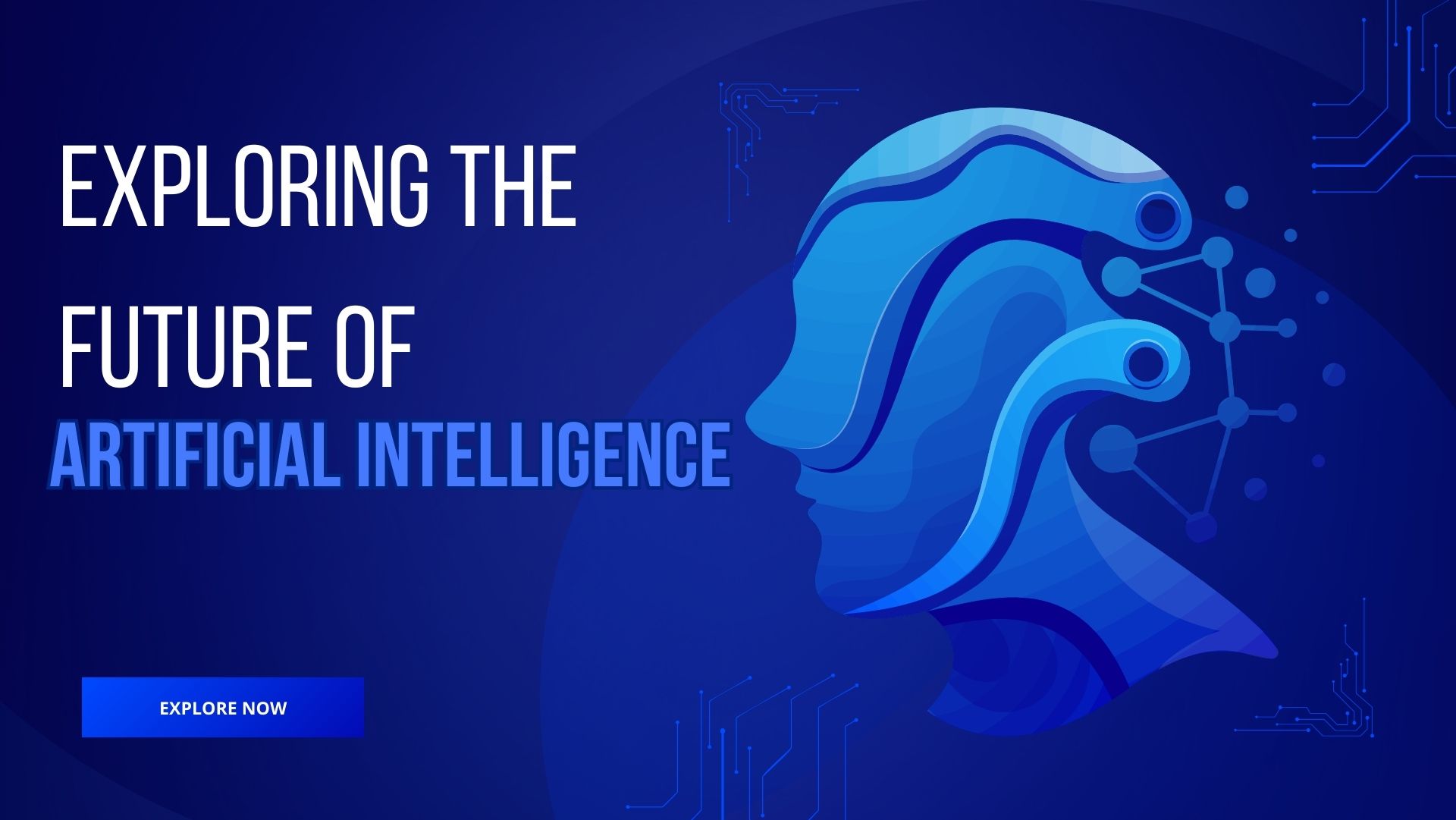 Artificial intelligence banner with futuristic human face and digital network design