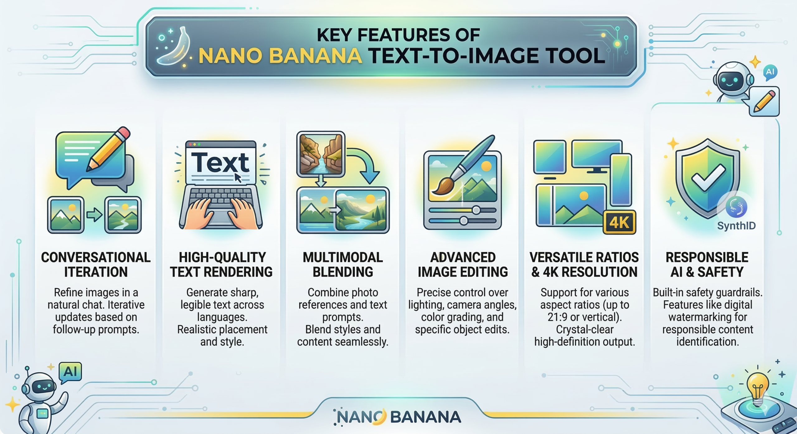 A clean digital infographic titled "KEY FEATURES OF NANO BANANA