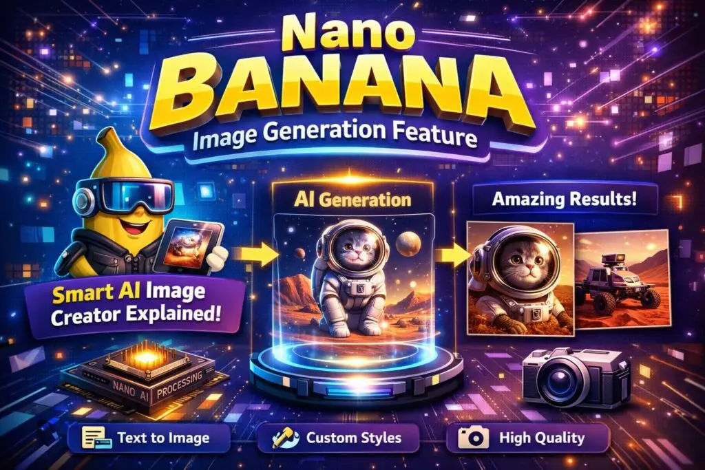 Nano Banana AI image generation feature banner with cartoon banana character and AI art examples