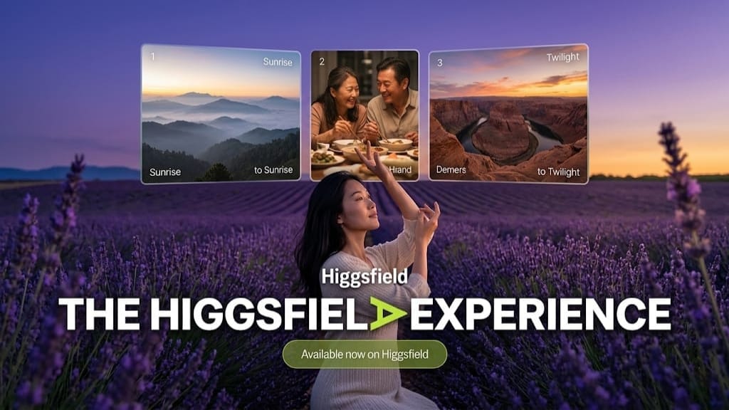 A woman in a lavender field reaching toward floating digital screens showing a sunrise, a couple dining, and a canyon, with text "The Higgsfield Experience."