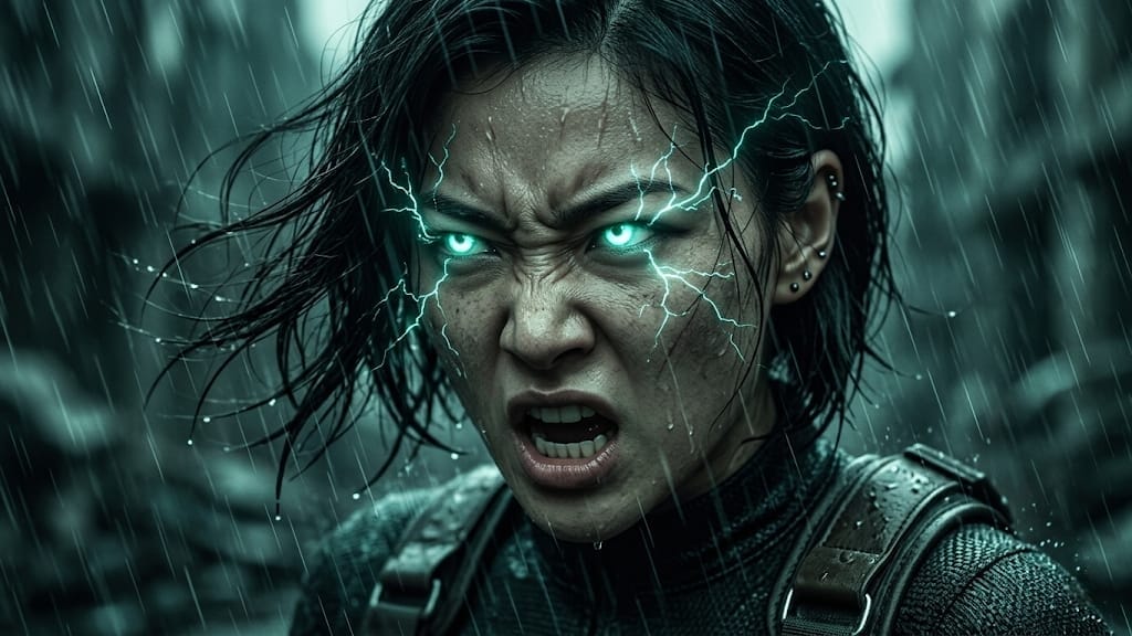 Futuristic woman with glowing eyes and lightning effects in a rainy action scene