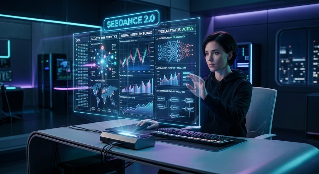 Seedance 2.0 AI tool dashboard showing automation workflows, data analytics, and real-time system monitoring