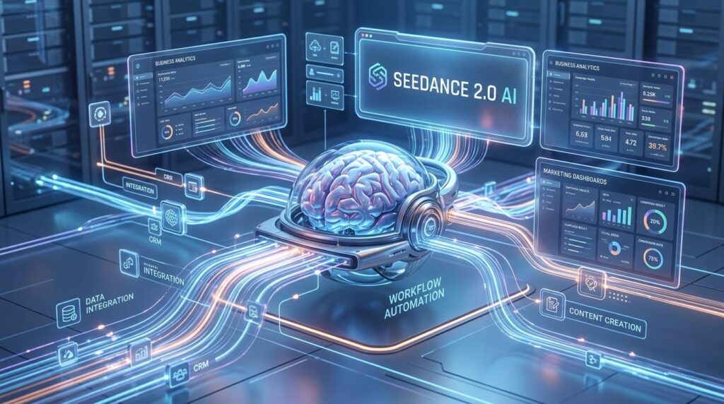 Seedance 2.0 AI system visual showing workflow automation, data integration, CRM, and analytics dashboards connected to a central AI brain