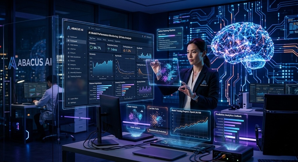 "A professional woman in an Abacus AI branded suit interacting with a futuristic, data-rich holographic dashboard displaying real-time AI model performance monitoring and predictive analytics, in a sleek, dimly-lit high-tech office with a large glowing neural network brain on a video wall."