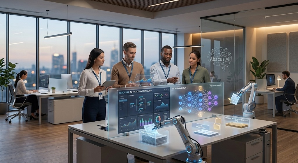 "A diverse group of four professionals in a modern, open-plan office discussing data visualizations on two large transparent screens labeled 'ABACUS AI: AUTOMATED WORKFLOWS' and 'DATA MANAGEMENT,' featuring a complex, glowing neural network and robotic arms assisting, set against a blurred city skyline at dusk."