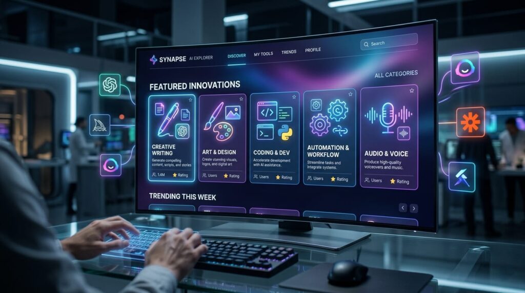AI tools dashboard interface displaying categories like creative writing, coding, automation, and audio tools on a futuristic computer screen