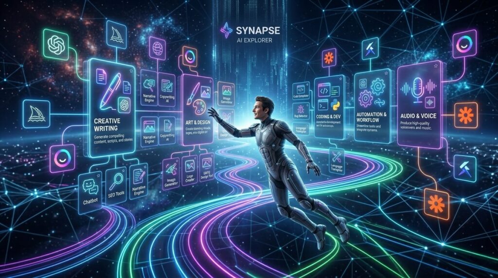 Futuristic AI tools ecosystem showing categories like creative writing, coding, automation, and audio tools with a digital human interacting in a virtual space
