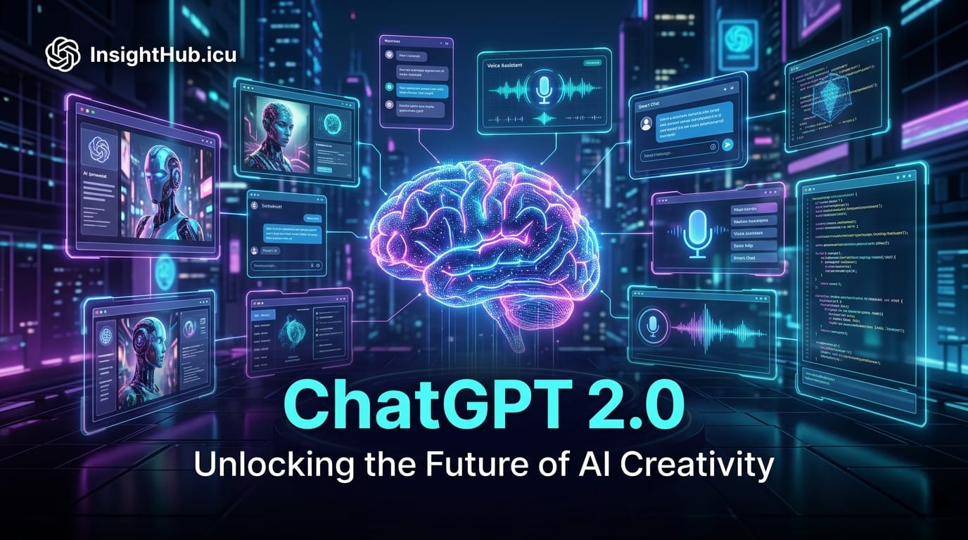 ChatGPT 2.0 futuristic AI creativity banner with glowing digital brain, AI chat interfaces, voice assistant panels, and neon cyberpunk technology background by InsightHub.icu