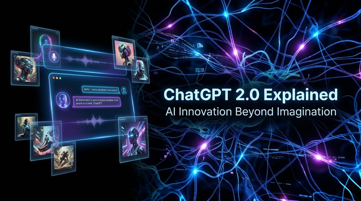 ChatGPT 2.0 Explained futuristic AI technology banner with neural network background, AI chatbot interface, voice assistant visuals, and digital innovation concept