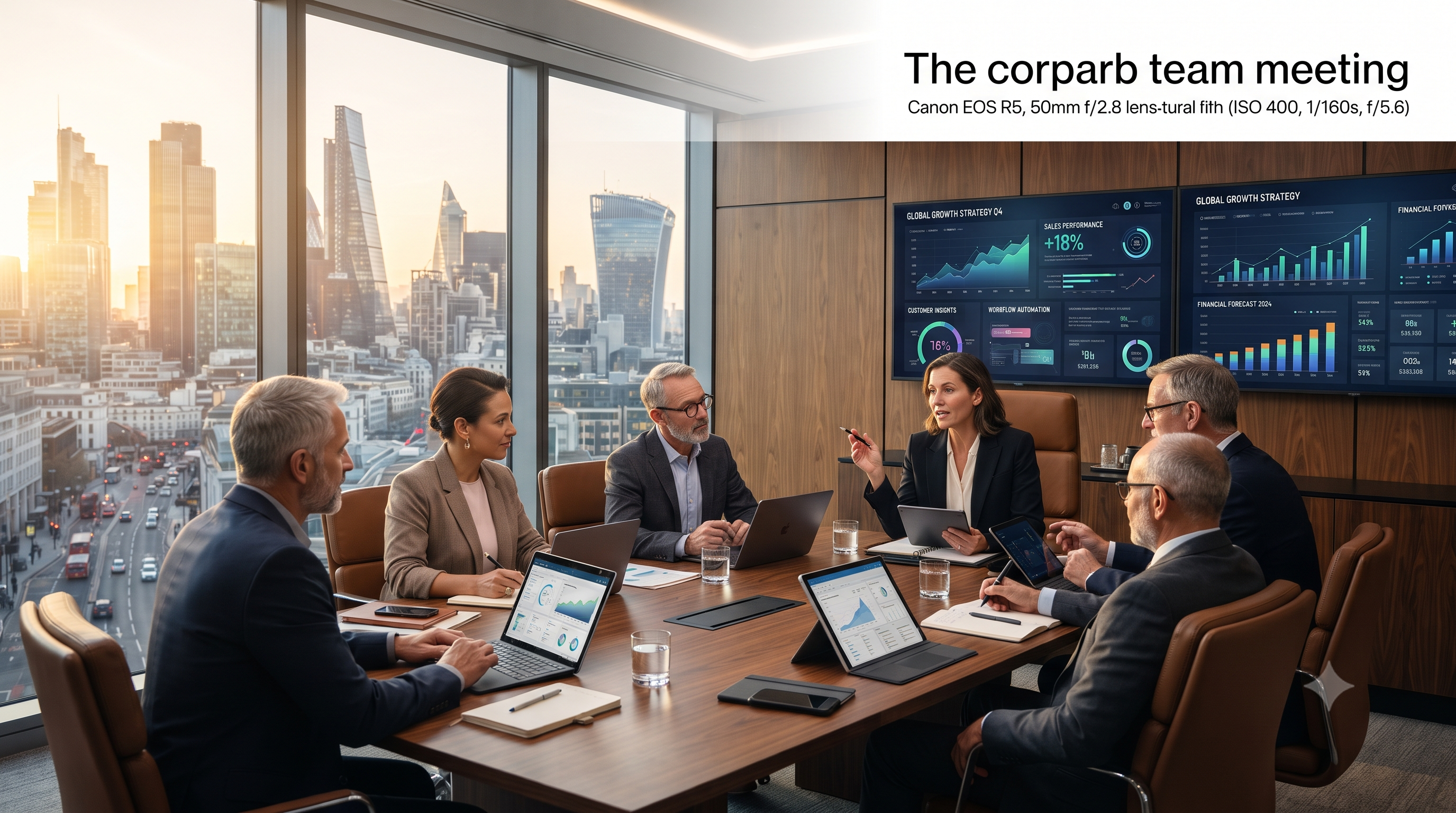 A candid photo of six diverse senior executives seated around a boardroom table reviewing data on laptops and large wall screens, with a large window revealing a sunlit city financial district.