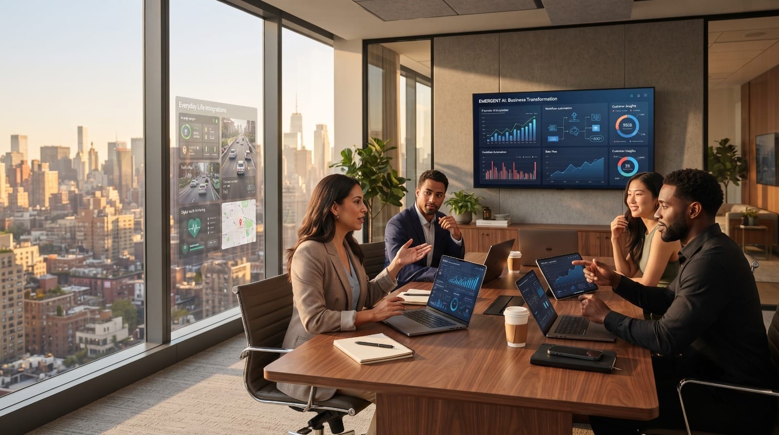 A diverse team of four professionals collaborating in a modern office conference room during golden hour, with a NYC skyline view. They are using laptops and tablets displaying business analytics and AI data visualizations. A transparent screen on the window shows smart city and health metrics.
