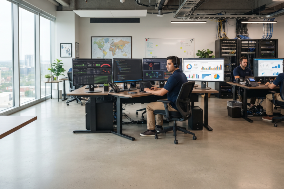 A wide-angle photograph inside a modern, open-plan IT office. Three male employees work at ergonomic workstations with multi-monitor setups displaying data analytics, network diagrams, and charts. Server racks are visible in the background next to a 'TECHCORP GLOBAL HQ' sign, and large windows offer a city view. The office features polished concrete floors, a world map, and a whiteboard.