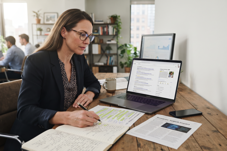 A focused female SEO expert wearing glasses and a blazer, seated at a wooden desk, is writing in a notebook while viewing a detailed AI-generated search results page on her laptop, surrounded by research documents and colleagues in a modern office.