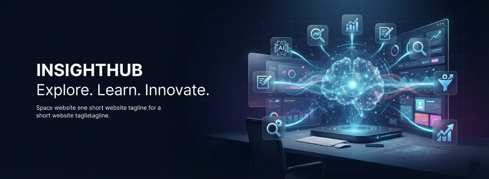 A futuristic dark-themed desk setup featuring a glowing digital brain graphic connected to floating search, analytics, and AI icons, with the bold text "INSIGHTHUB Explore. Learn. Innovate." on the left.