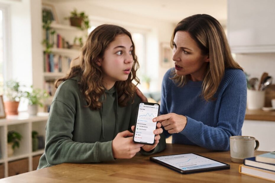 A concerned mother pointing at a smartphone displaying screen time data while talking to her surprised teenage daughter at a wooden table in a bright kitchen.