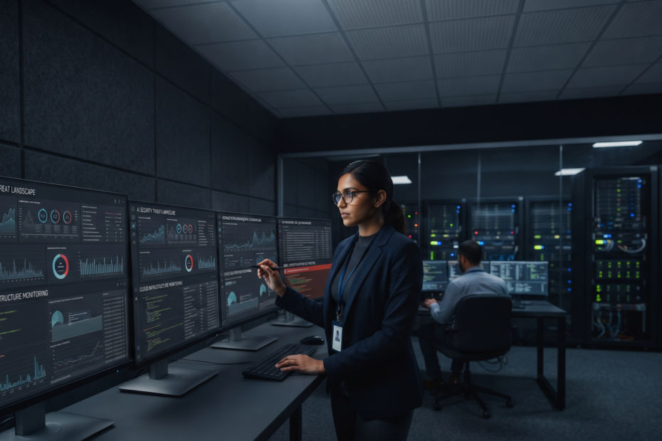 A focused female cybersecurity analyst in a data center operations center, pointing to a large monitor displaying real-time threat intelligence dashboards and cloud infrastructure metrics.